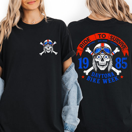 Daytona Bike Week 1985 Comfort Colors Tshirt, 80s Vintage Biker Tee, Ride To Survive Skull Shirt, Motorcycle Front Back Print Top, Mens Biker Gift