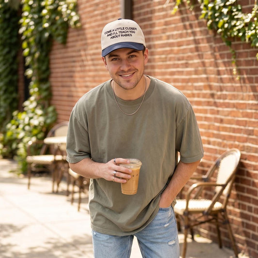 Come A Little Closer And I'll Teach You About Rabies Embroidered Hat, Funny Trucker Cap, Weird Gift for Him, Chaotic Humor Hat, Pride Cap