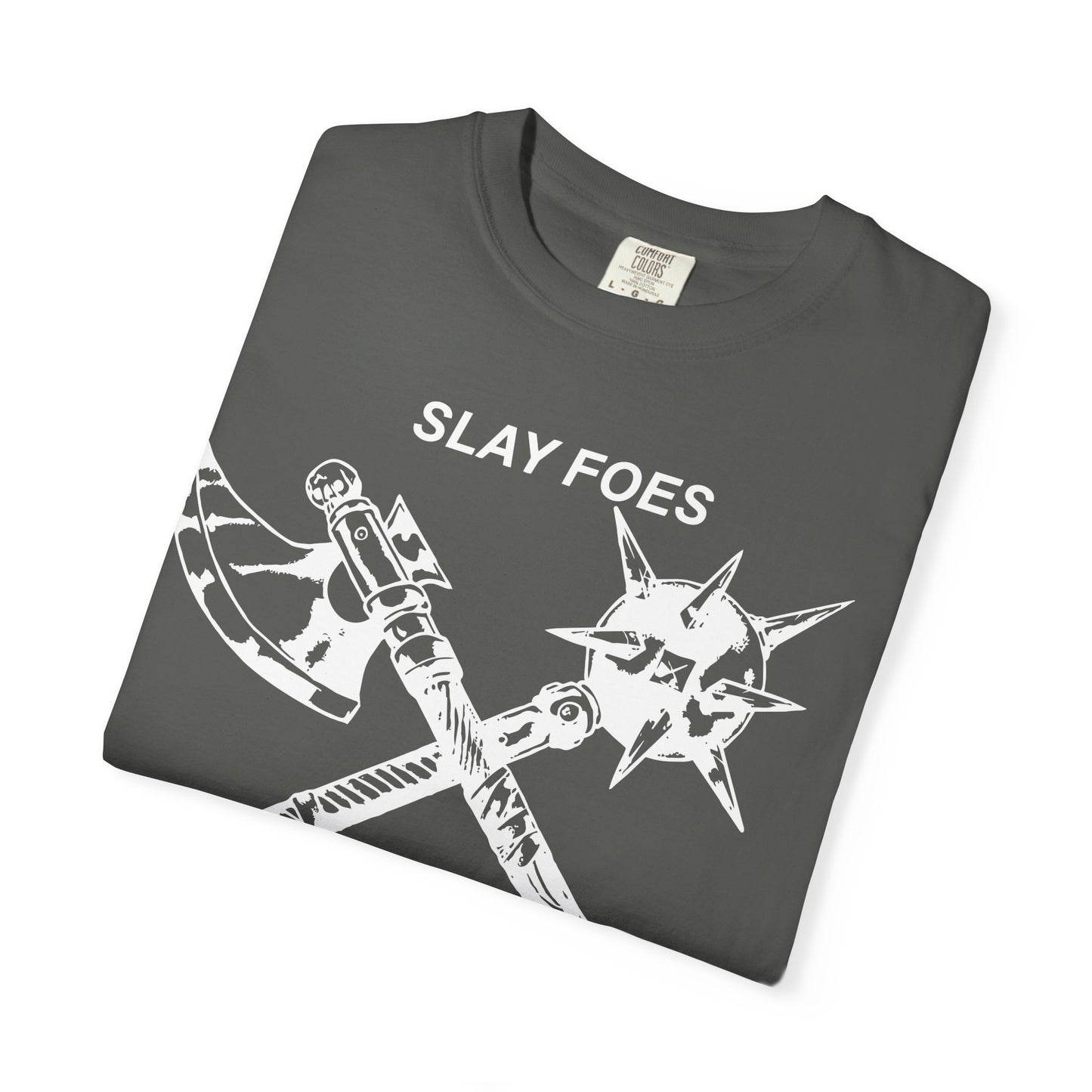 Graphic T-Shirt — "Slay Foes Eat Pussy" Crossed Axe & Mace Illustration