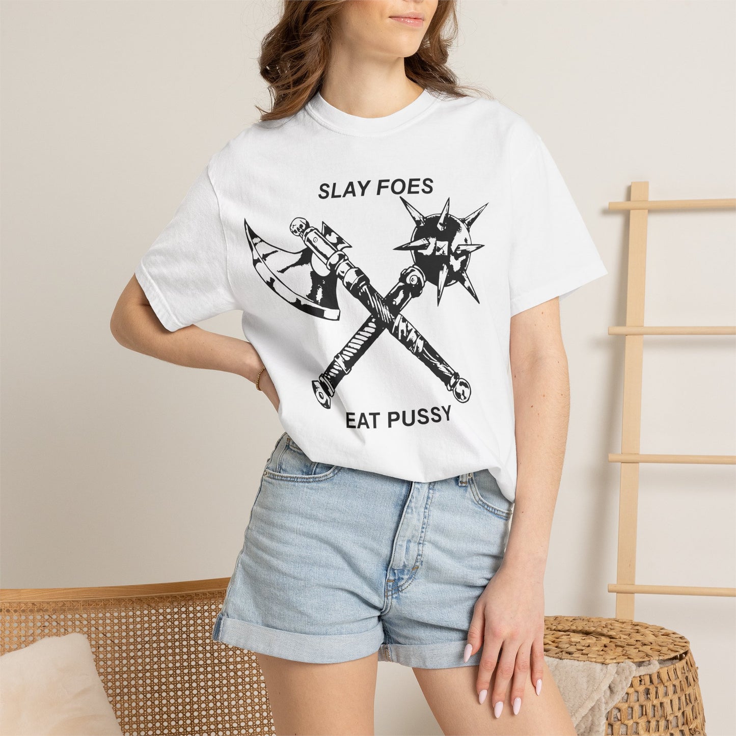 Graphic T-Shirt — "Slay Foes Eat Pussy" Crossed Axe & Mace Illustration