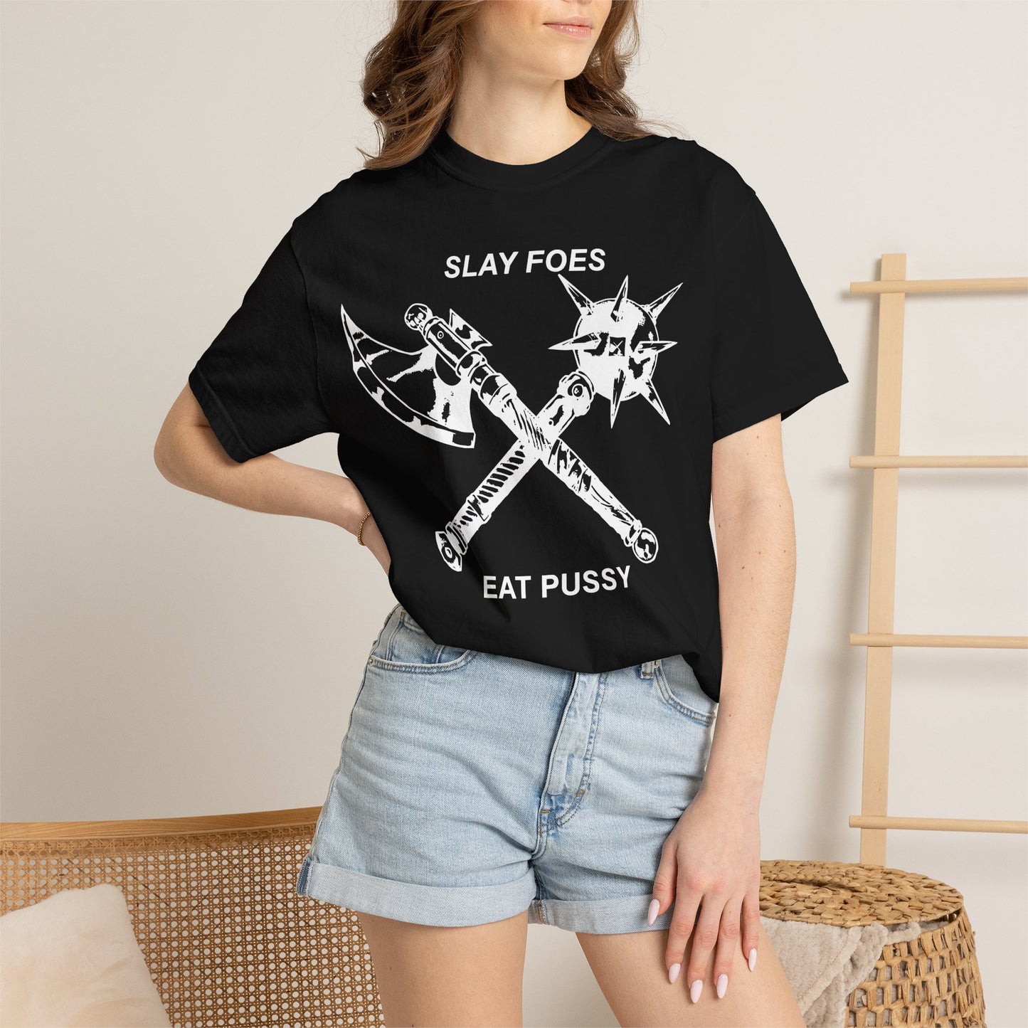 Graphic T-Shirt — "Slay Foes Eat Pussy" Crossed Axe & Mace Illustration