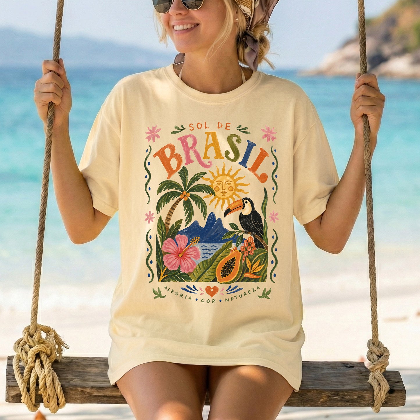 Sol de Brasil Comfort Colors Tshirt, Brazil Travel Poster Tee, Tropical Toucan Shirt, Brazilian Folk Art Top, Boho Summer Vacation Tshirt