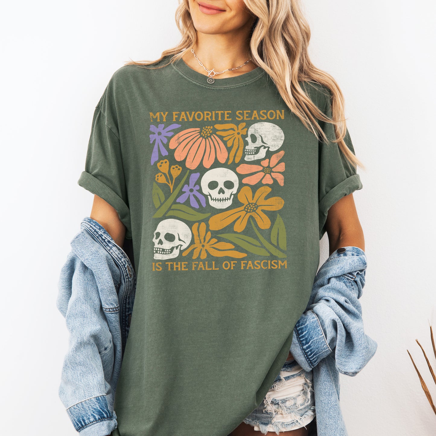 Fall Of Fascism Comfort Colors Tshirt, Anti Fascist Skull Floral Tee, Progressive Activist Shirt, Resist Tshirt, Protest Wildflower Top