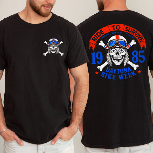 Daytona Bike Week 1985 Comfort Colors Tshirt, 80s Vintage Biker Tee, Ride To Survive Skull Shirt, Motorcycle Front Back Print Top, Mens Biker Gift