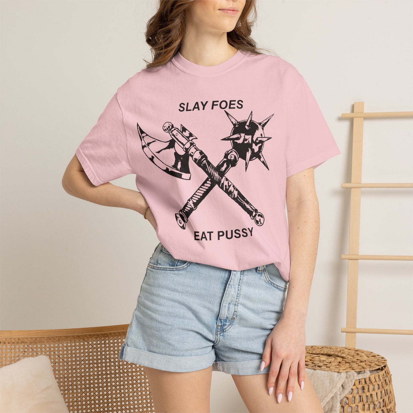 Graphic T-Shirt — "Slay Foes Eat Pussy" Crossed Axe & Mace Illustration