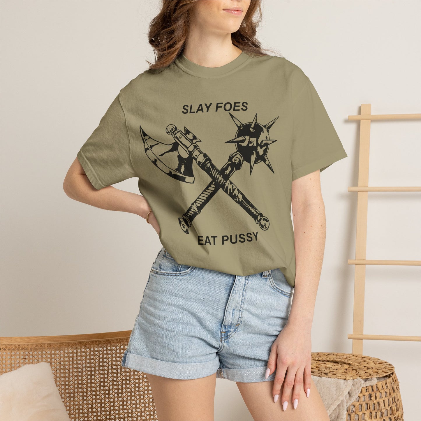 Graphic T-Shirt — "Slay Foes Eat Pussy" Crossed Axe & Mace Illustration