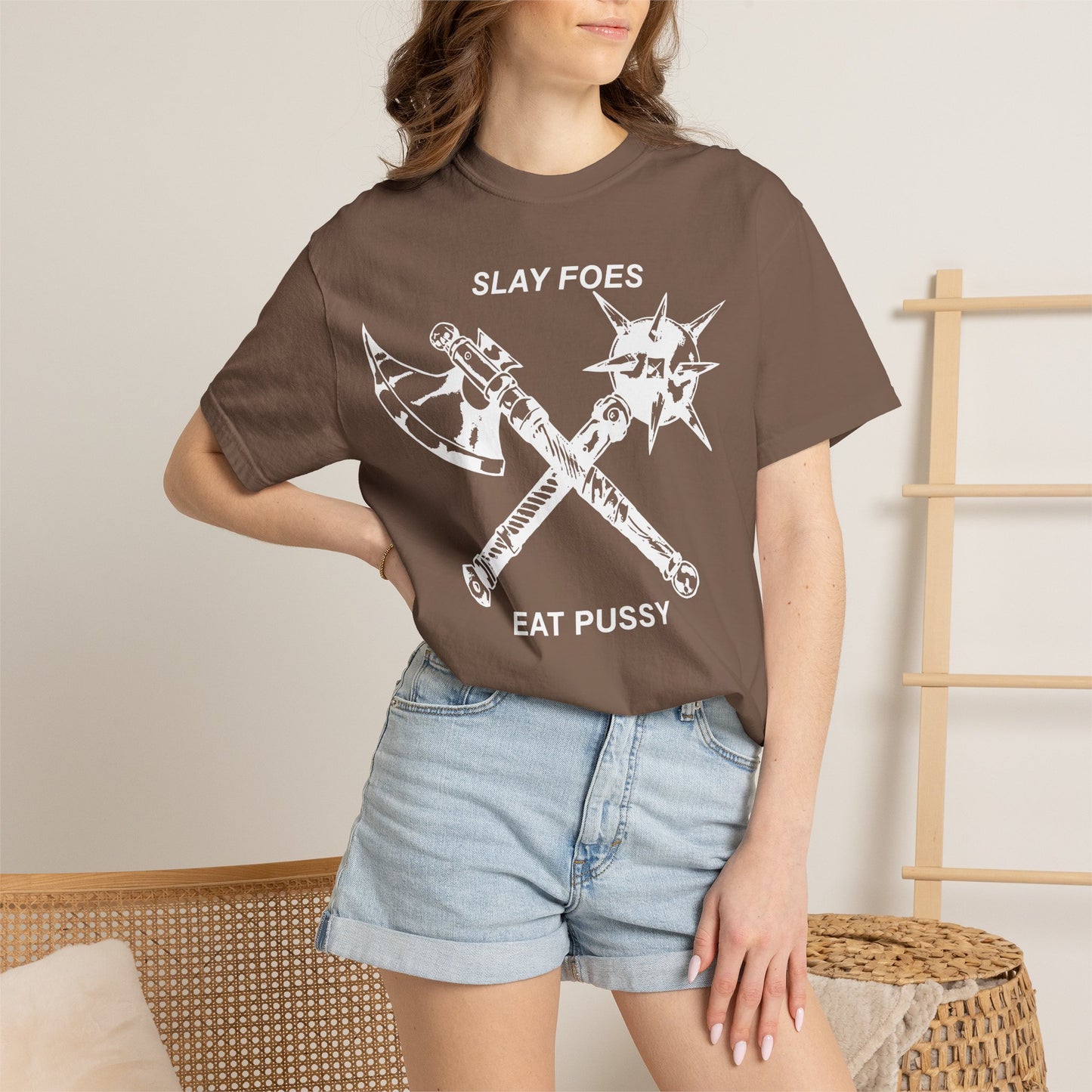 Graphic T-Shirt — "Slay Foes Eat Pussy" Crossed Axe & Mace Illustration