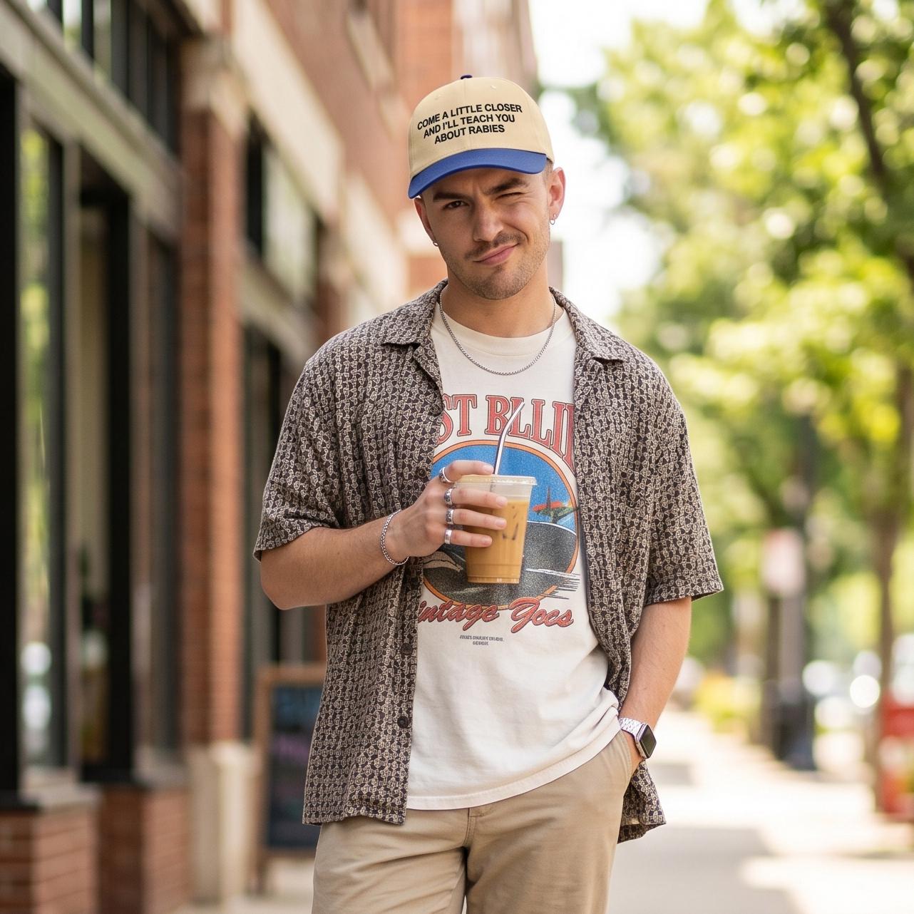Come A Little Closer And I'll Teach You About Rabies Embroidered Hat, Funny Trucker Cap, Weird Gift for Him, Chaotic Humor Hat, Pride Cap